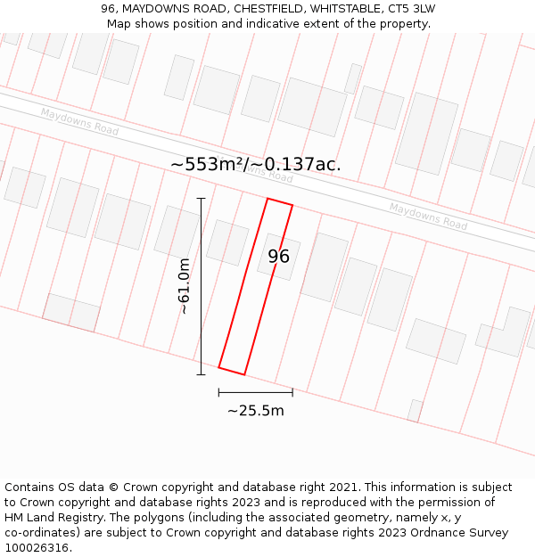 96, MAYDOWNS ROAD, CHESTFIELD, WHITSTABLE, CT5 3LW: Plot and title map