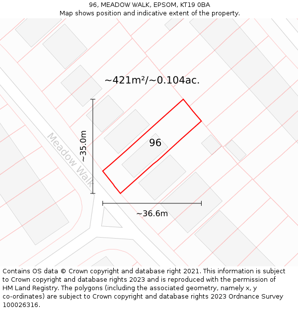 96, MEADOW WALK, EPSOM, KT19 0BA: Plot and title map