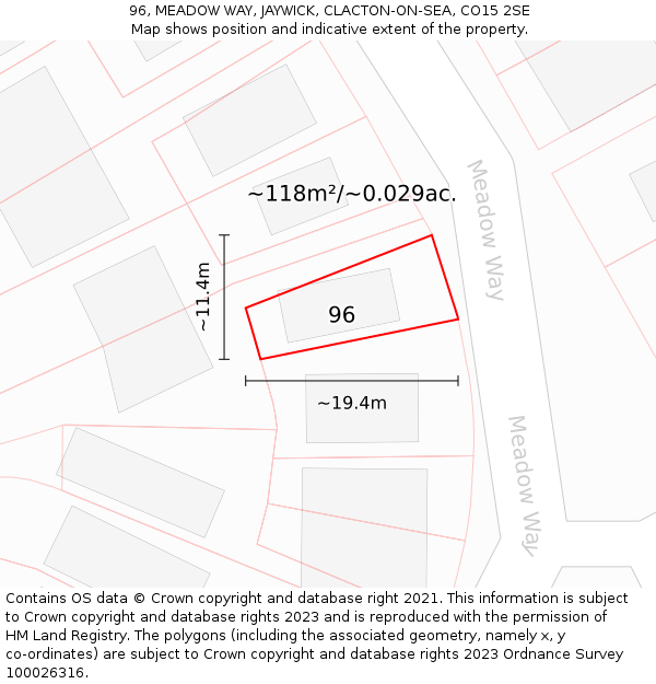 96, MEADOW WAY, JAYWICK, CLACTON-ON-SEA, CO15 2SE: Plot and title map