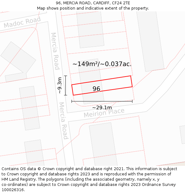 96, MERCIA ROAD, CARDIFF, CF24 2TE: Plot and title map