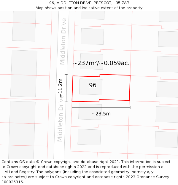 96, MIDDLETON DRIVE, PRESCOT, L35 7AB: Plot and title map