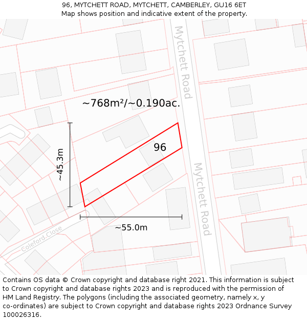 96, MYTCHETT ROAD, MYTCHETT, CAMBERLEY, GU16 6ET: Plot and title map
