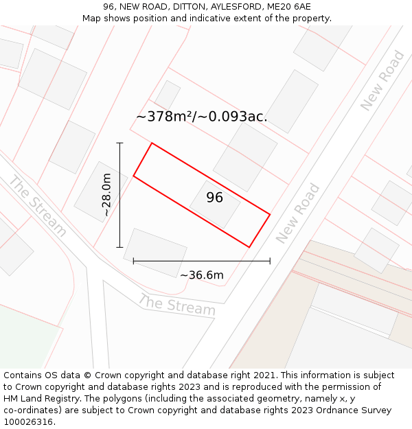 96, NEW ROAD, DITTON, AYLESFORD, ME20 6AE: Plot and title map