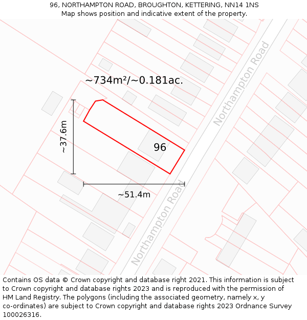 96, NORTHAMPTON ROAD, BROUGHTON, KETTERING, NN14 1NS: Plot and title map