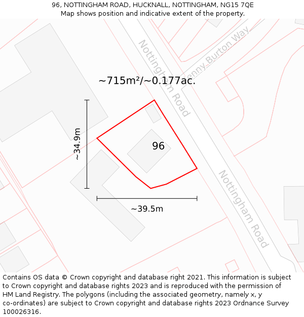 96, NOTTINGHAM ROAD, HUCKNALL, NOTTINGHAM, NG15 7QE: Plot and title map