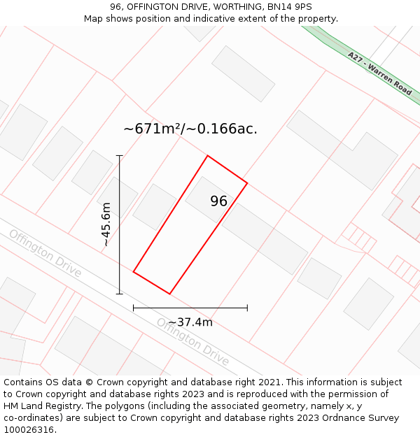 96, OFFINGTON DRIVE, WORTHING, BN14 9PS: Plot and title map
