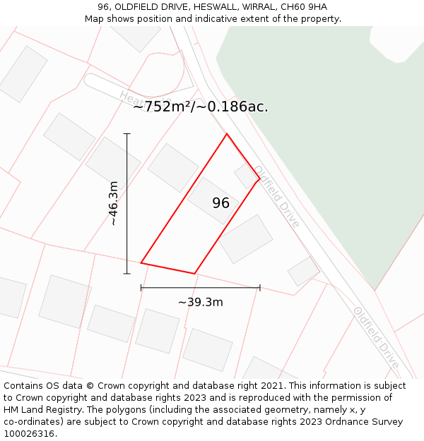 96, OLDFIELD DRIVE, HESWALL, WIRRAL, CH60 9HA: Plot and title map