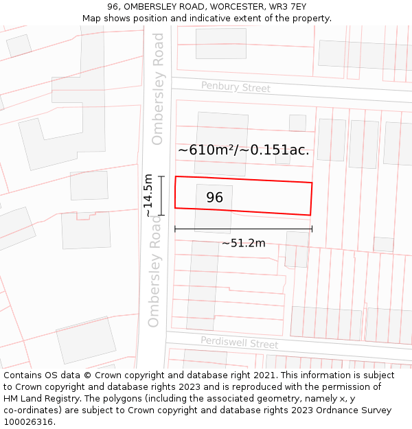 96, OMBERSLEY ROAD, WORCESTER, WR3 7EY: Plot and title map