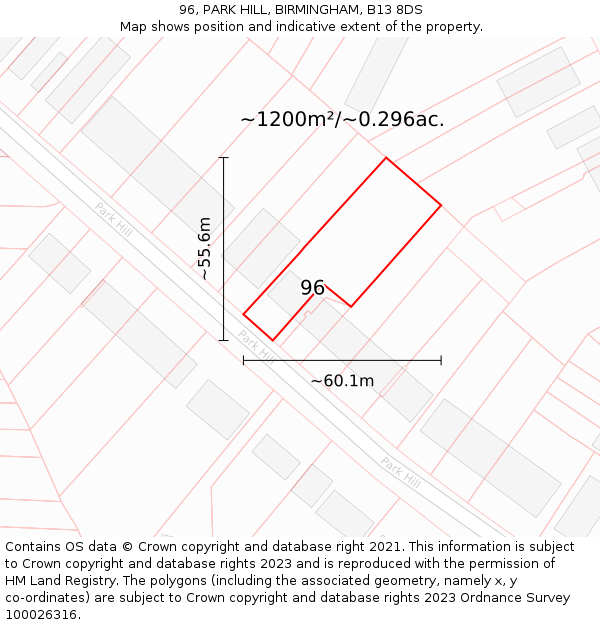 96, PARK HILL, BIRMINGHAM, B13 8DS: Plot and title map