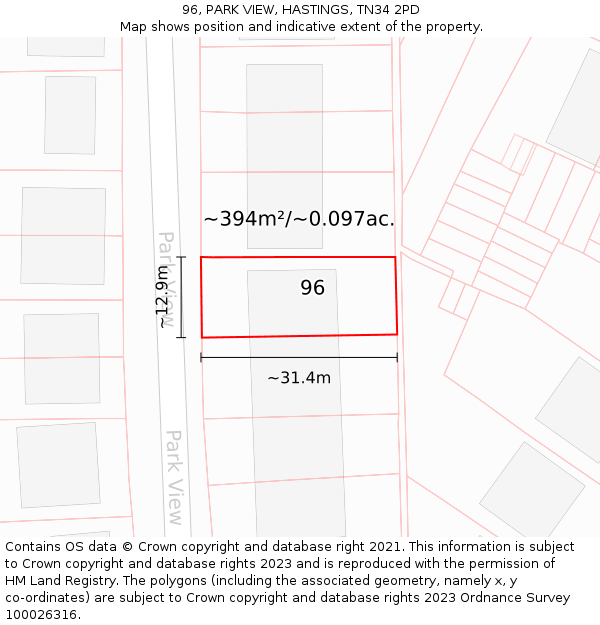 96, PARK VIEW, HASTINGS, TN34 2PD: Plot and title map