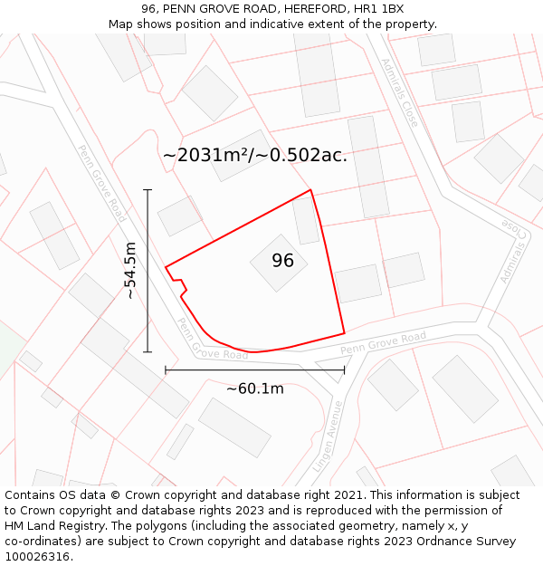96, PENN GROVE ROAD, HEREFORD, HR1 1BX: Plot and title map