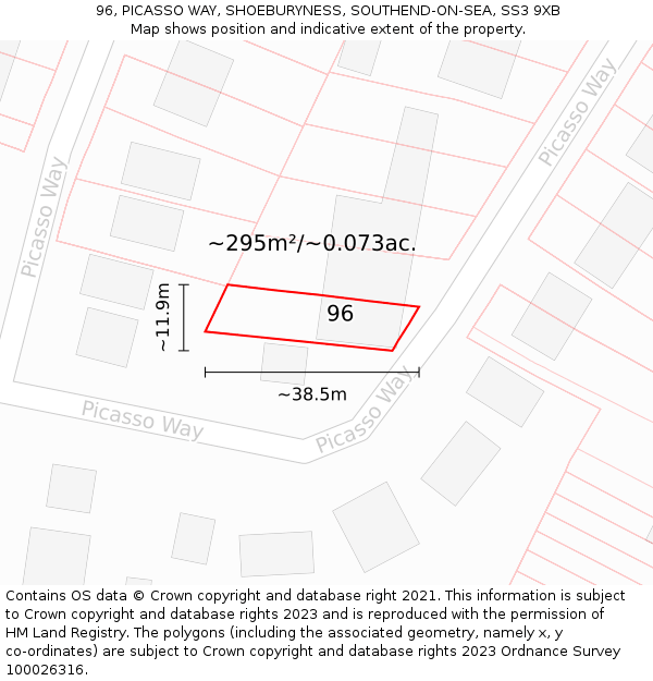 96, PICASSO WAY, SHOEBURYNESS, SOUTHEND-ON-SEA, SS3 9XB: Plot and title map