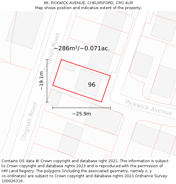96, PICKWICK AVENUE, CHELMSFORD, CM1 4UR: Plot and title map