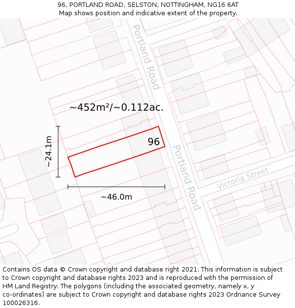 96, PORTLAND ROAD, SELSTON, NOTTINGHAM, NG16 6AT: Plot and title map