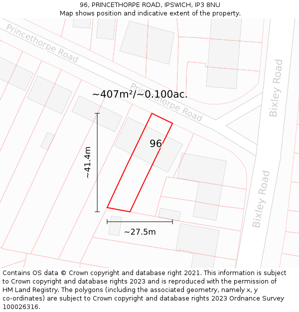 96, PRINCETHORPE ROAD, IPSWICH, IP3 8NU: Plot and title map