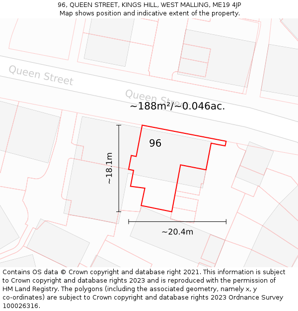 96, QUEEN STREET, KINGS HILL, WEST MALLING, ME19 4JP: Plot and title map