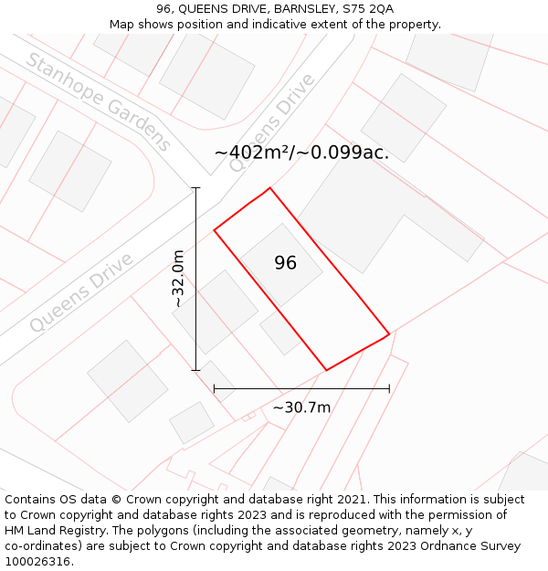 96, QUEENS DRIVE, BARNSLEY, S75 2QA: Plot and title map
