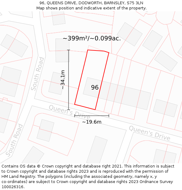 96, QUEENS DRIVE, DODWORTH, BARNSLEY, S75 3LN: Plot and title map