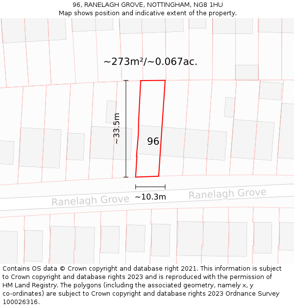 96, RANELAGH GROVE, NOTTINGHAM, NG8 1HU: Plot and title map