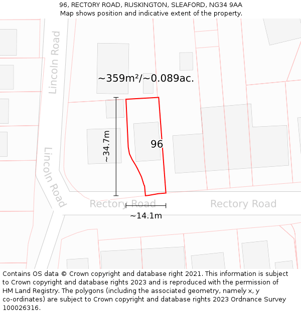 96, RECTORY ROAD, RUSKINGTON, SLEAFORD, NG34 9AA: Plot and title map