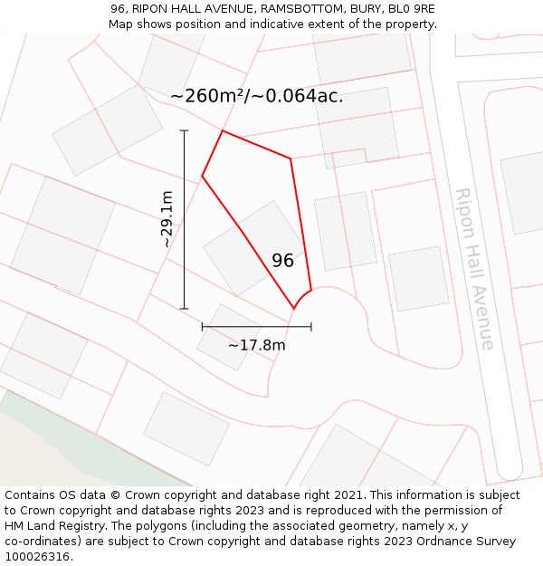 96, RIPON HALL AVENUE, RAMSBOTTOM, BURY, BL0 9RE: Plot and title map