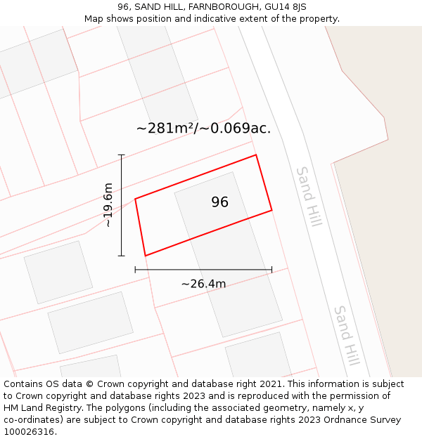 96, SAND HILL, FARNBOROUGH, GU14 8JS: Plot and title map