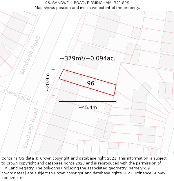 96, SANDWELL ROAD, BIRMINGHAM, B21 8PS: Plot and title map