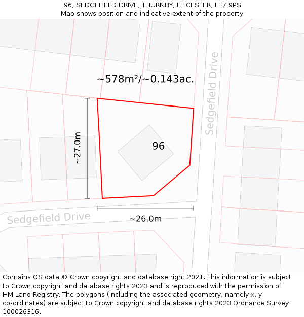 96, SEDGEFIELD DRIVE, THURNBY, LEICESTER, LE7 9PS: Plot and title map