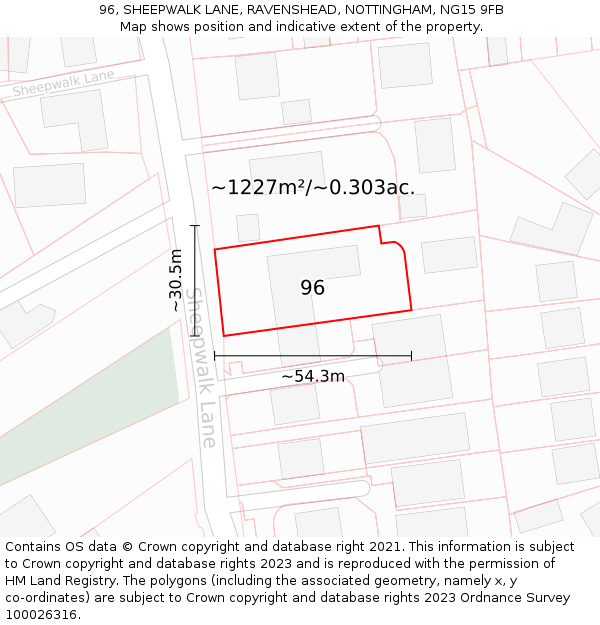 96, SHEEPWALK LANE, RAVENSHEAD, NOTTINGHAM, NG15 9FB: Plot and title map