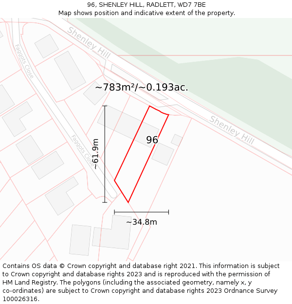 96, SHENLEY HILL, RADLETT, WD7 7BE: Plot and title map