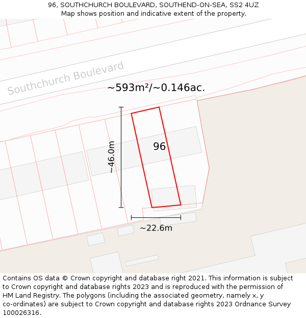 96, SOUTHCHURCH BOULEVARD, SOUTHEND-ON-SEA, SS2 4UZ: Plot and title map