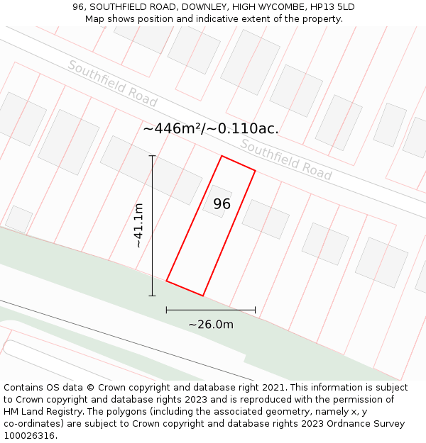 96, SOUTHFIELD ROAD, DOWNLEY, HIGH WYCOMBE, HP13 5LD: Plot and title map