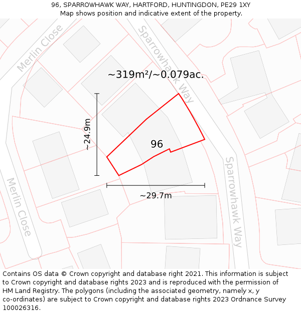 96, SPARROWHAWK WAY, HARTFORD, HUNTINGDON, PE29 1XY: Plot and title map