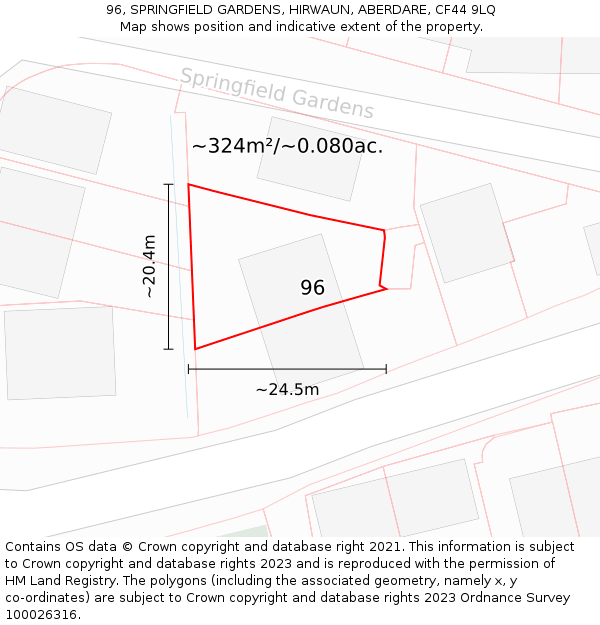 96, SPRINGFIELD GARDENS, HIRWAUN, ABERDARE, CF44 9LQ: Plot and title map