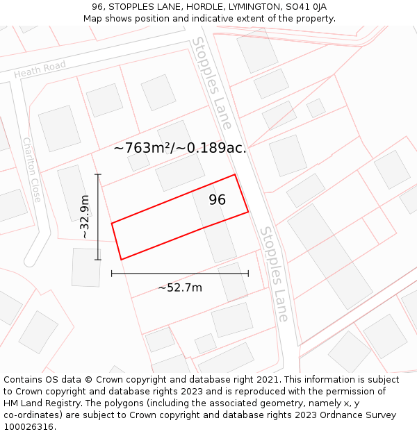 96, STOPPLES LANE, HORDLE, LYMINGTON, SO41 0JA: Plot and title map