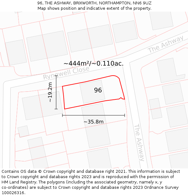 96, THE ASHWAY, BRIXWORTH, NORTHAMPTON, NN6 9UZ: Plot and title map