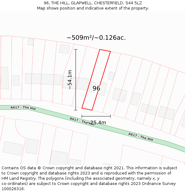 96, THE HILL, GLAPWELL, CHESTERFIELD, S44 5LZ: Plot and title map