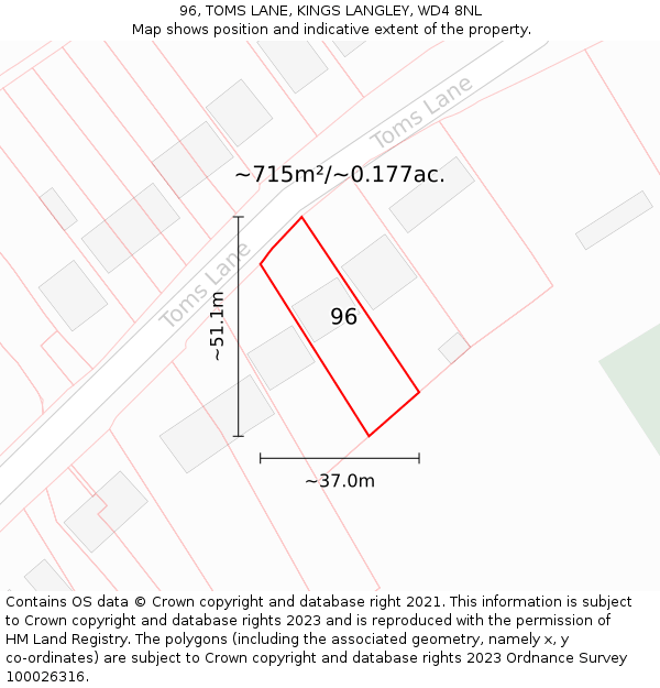 96, TOMS LANE, KINGS LANGLEY, WD4 8NL: Plot and title map