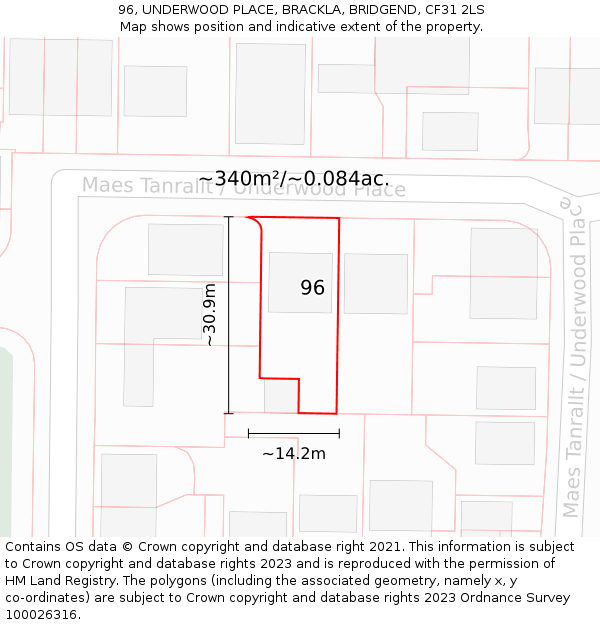 96, UNDERWOOD PLACE, BRACKLA, BRIDGEND, CF31 2LS: Plot and title map