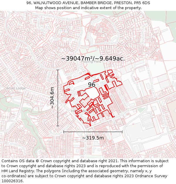 96, WALNUTWOOD AVENUE, BAMBER BRIDGE, PRESTON, PR5 6DS: Plot and title map