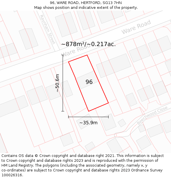 96, WARE ROAD, HERTFORD, SG13 7HN: Plot and title map