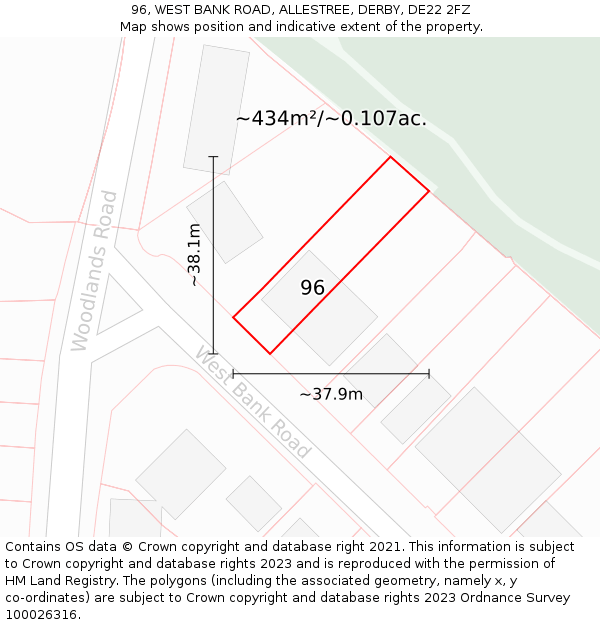 96, WEST BANK ROAD, ALLESTREE, DERBY, DE22 2FZ: Plot and title map