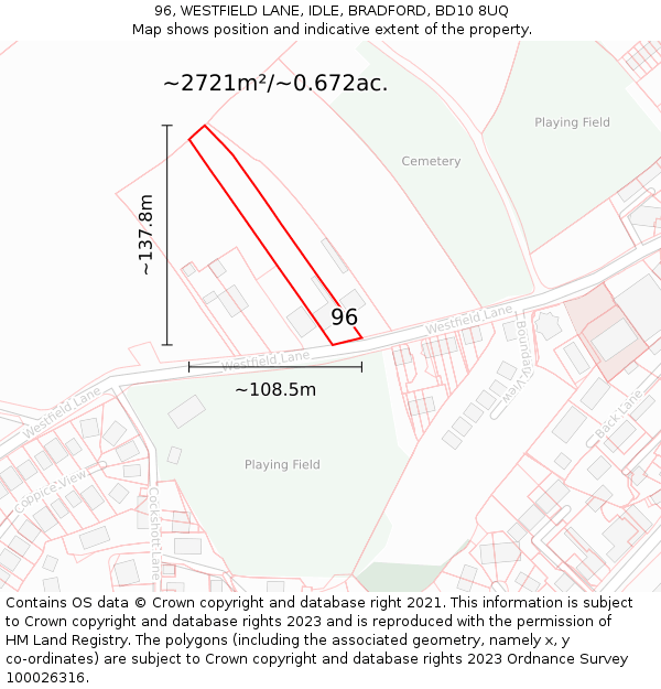 96, WESTFIELD LANE, IDLE, BRADFORD, BD10 8UQ: Plot and title map