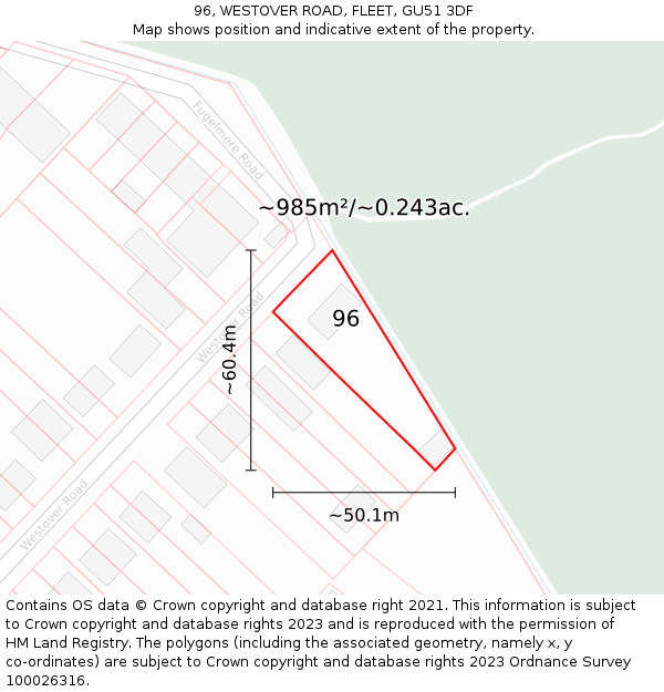 96, WESTOVER ROAD, FLEET, GU51 3DF: Plot and title map