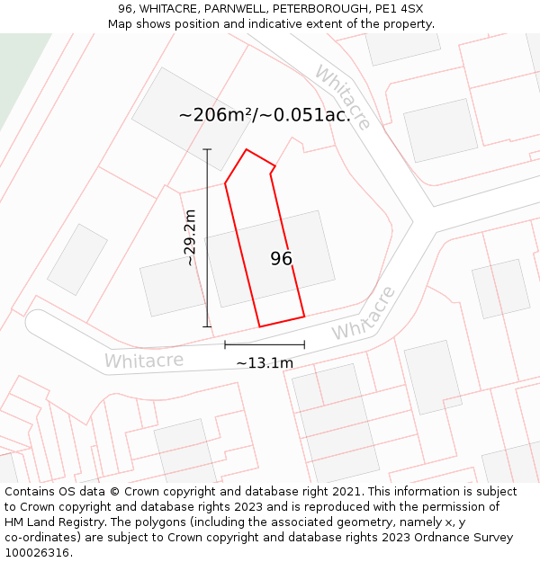 96, WHITACRE, PARNWELL, PETERBOROUGH, PE1 4SX: Plot and title map