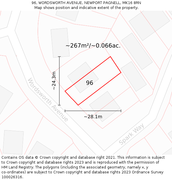 96, WORDSWORTH AVENUE, NEWPORT PAGNELL, MK16 8RN: Plot and title map
