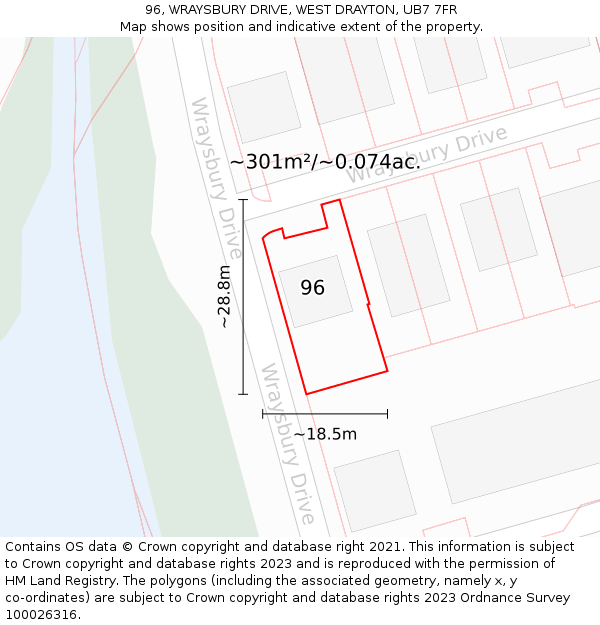96, WRAYSBURY DRIVE, WEST DRAYTON, UB7 7FR: Plot and title map
