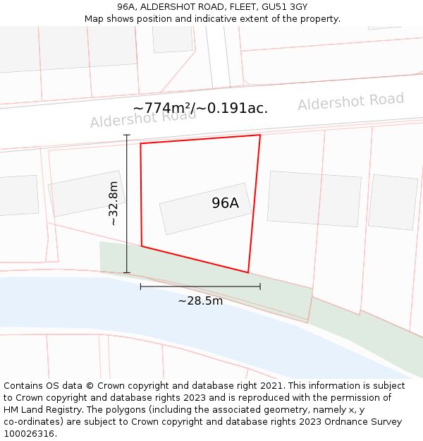 96A, ALDERSHOT ROAD, FLEET, GU51 3GY: Plot and title map