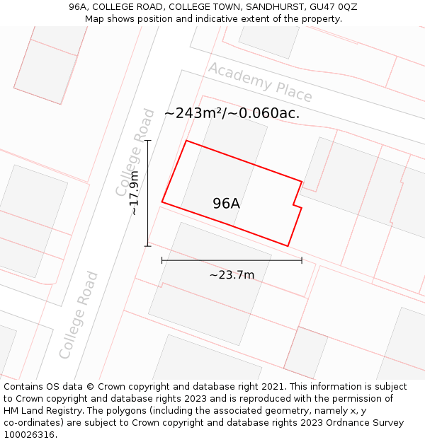 96A, COLLEGE ROAD, COLLEGE TOWN, SANDHURST, GU47 0QZ: Plot and title map