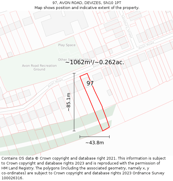 97, AVON ROAD, DEVIZES, SN10 1PT: Plot and title map